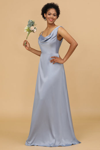 A Line Asymmetrical Neck Grey Blue Satin Long Bridesmaid Dress