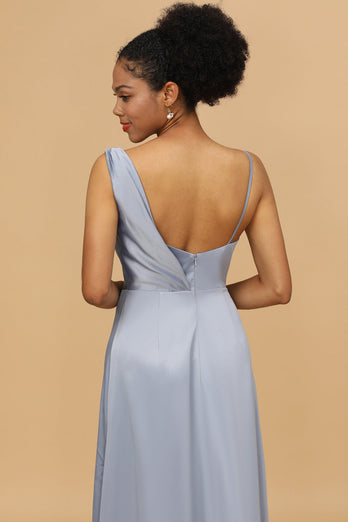 A Line Asymmetrical Neck Grey Blue Satin Long Bridesmaid Dress