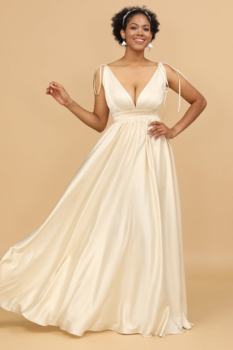 Load image into Gallery viewer, Ivory Deep V-Neck Backless Long Bridesmaid Dress