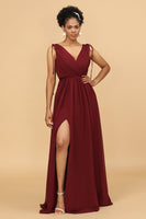 Load image into Gallery viewer, Burgundy V-Neck Lace Up Bridesmaid Dress With Slit