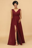 Load image into Gallery viewer, Burgundy V-Neck Lace Up Bridesmaid Dress With Slit