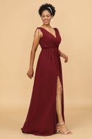 Load image into Gallery viewer, Burgundy V-Neck Lace Up Bridesmaid Dress With Slit