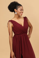 Load image into Gallery viewer, Burgundy V-Neck Lace Up Bridesmaid Dress With Slit
