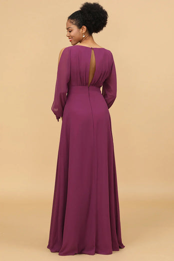 Purple Long Sleeves Cold Shoulder Bridesmaid Dress