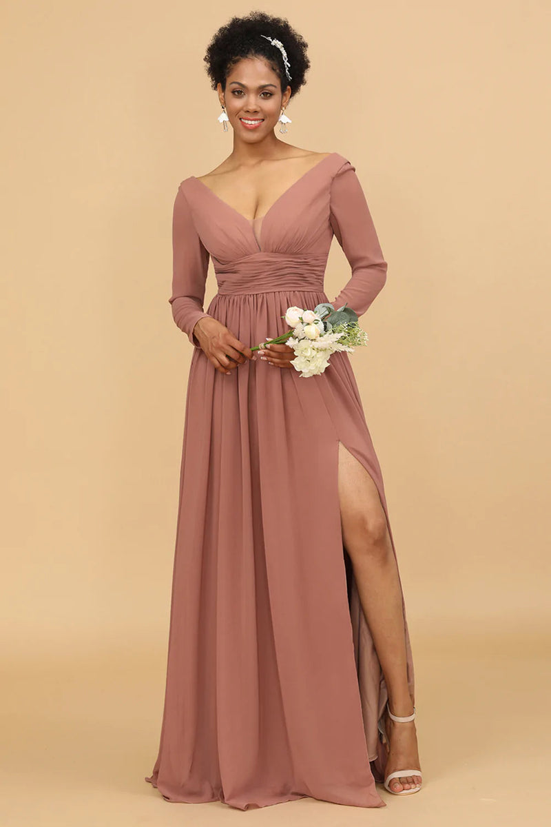 Load image into Gallery viewer, Blush V-Neck Long Sleeves Bridesmaid Dress