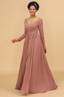 Load image into Gallery viewer, Blush V-Neck Long Sleeves Bridesmaid Dress