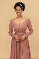 Load image into Gallery viewer, Blush V-Neck Long Sleeves Bridesmaid Dress
