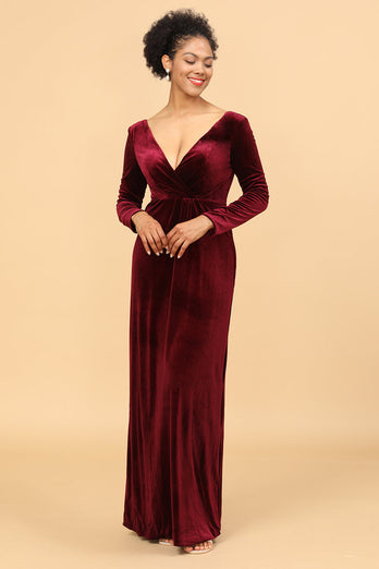 Sheath Burgundy Deep V-Neck Long Sleeves Velvet Bridesmaid Dress