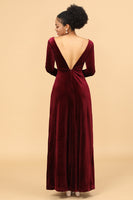Load image into Gallery viewer, Sheath Burgundy Deep V-Neck Long Sleeves Velvet Bridesmaid Dress