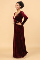 Load image into Gallery viewer, Sheath Burgundy Deep V-Neck Long Sleeves Velvet Bridesmaid Dress