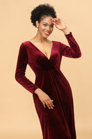 Load image into Gallery viewer, Sheath Burgundy Deep V-Neck Long Sleeves Velvet Bridesmaid Dress