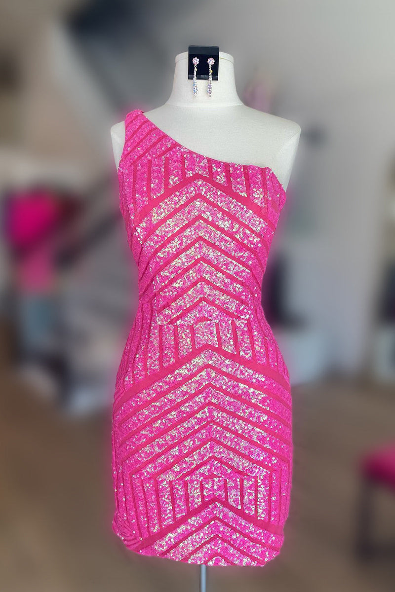 Load image into Gallery viewer, Hot Pink One Shoulder Sequins Tight Short Party Dress