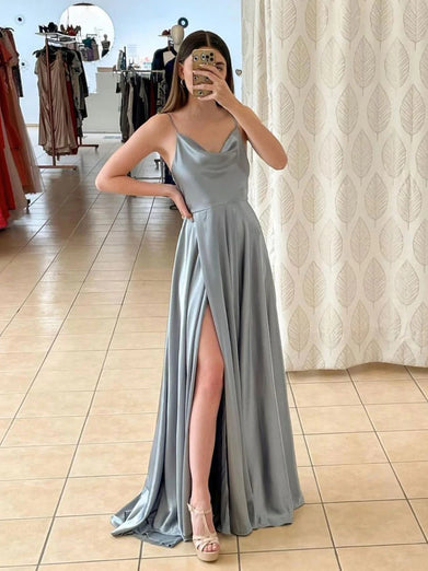 A-Line Spaghetti Straps Light Green Satin Long Prom Dress with Slit