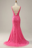 Load image into Gallery viewer, Mermaid Deep V Neck Pink Long Prom Dress with Appliques