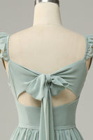 Load image into Gallery viewer, A Line Dusty Sage Ruffles Bridesmaid Dress