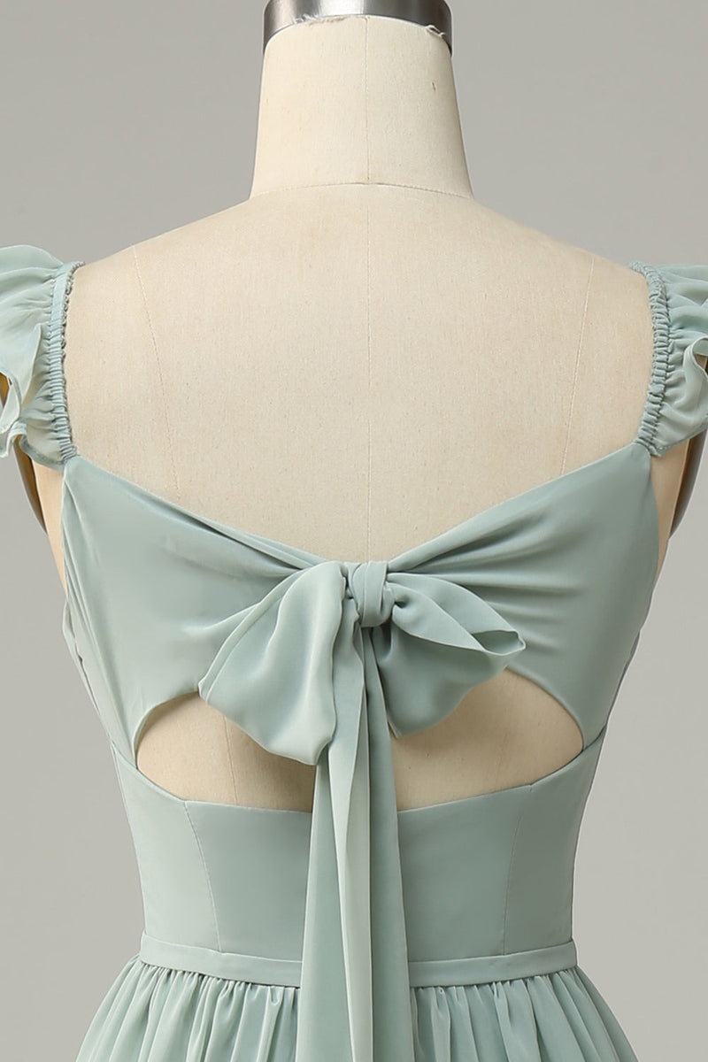 Load image into Gallery viewer, A Line Dusty Sage Ruffles Bridesmaid Dress
