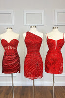 Load image into Gallery viewer, Sheath One Shoulder Red Sequins Short Party Dress with Star