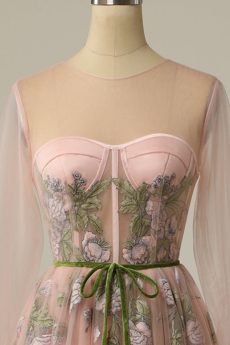 Load image into Gallery viewer, A Line Jewel Light Nude Long Prom Dress with Embroidery