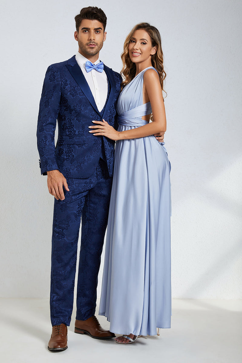 Load image into Gallery viewer, Peak Lapel One Button Dark Blue Jacquard Men&#39;s Wedding Party Suits