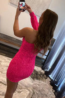 Load image into Gallery viewer, Hot Pink Beaded Sequins One Shoulder Tight Party Dress