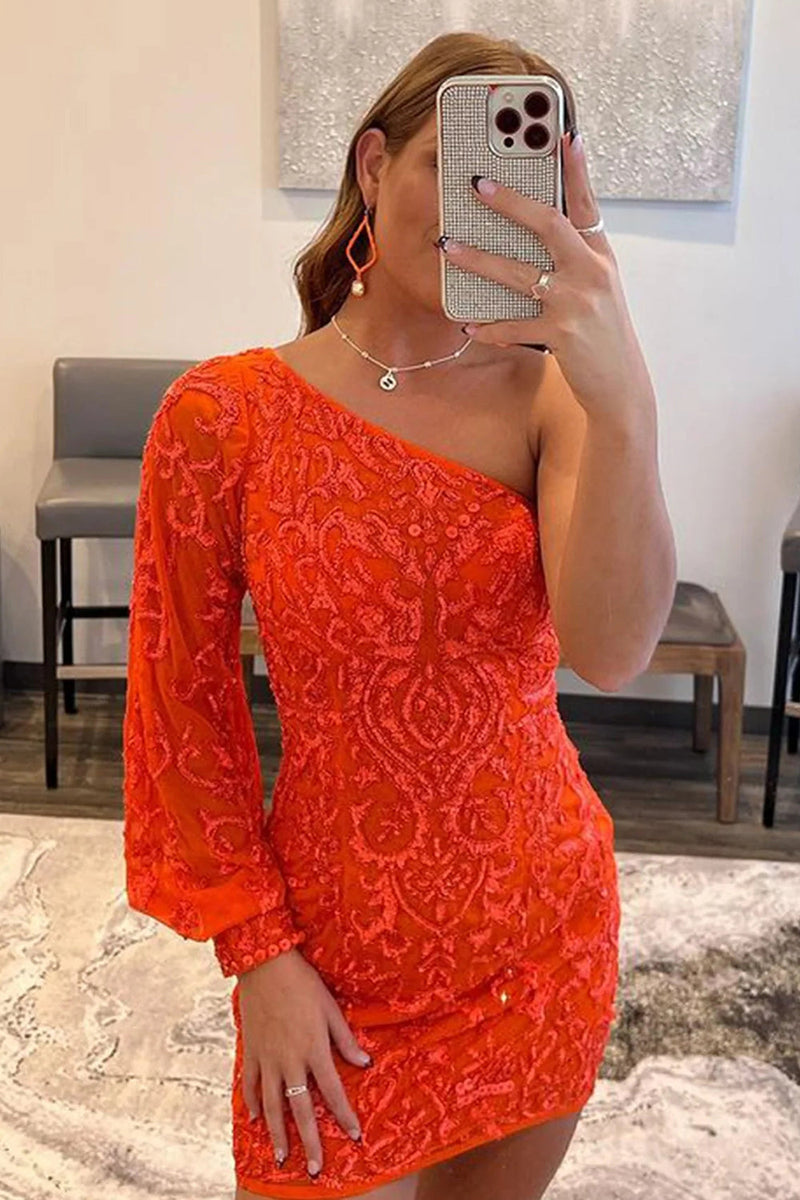 Load image into Gallery viewer, Hot Pink Beaded Sequins One Shoulder Tight Party Dress
