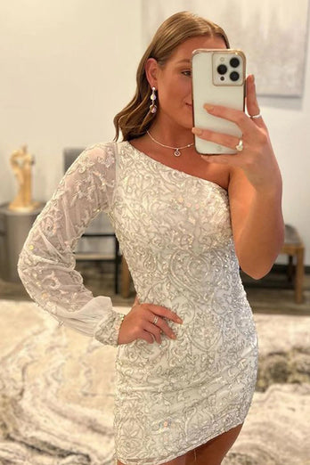 White Beaded Sequins One Shoulder Tight Short Prom Dress