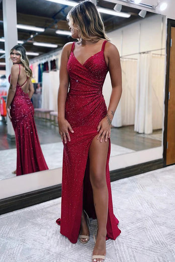 Queendancer Women Sparkly Dark Red One Shoulder Long Prom Dress with Slit Sequins Formal Party Dress queendanceruk Queendancer Women Sparkly Dark Red One Shoulder Long Prom Dress with Slit Sequins Formal Party Dress queendanceruk