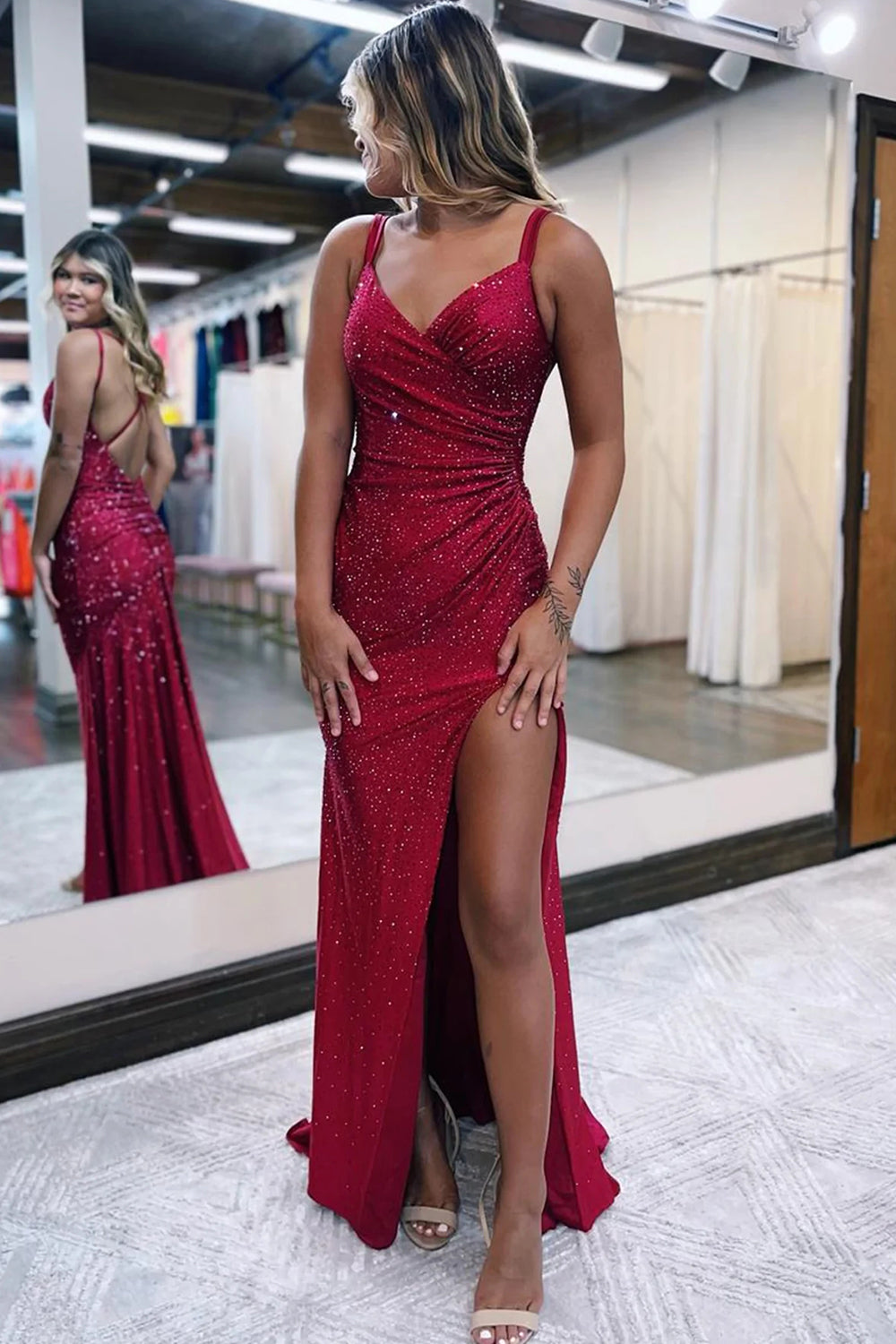 Queendancer Women Sparkly Dark Red One Shoulder Long Prom Dress with Slit Sequins Formal Party Dress – queendanceruk