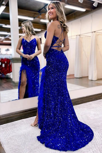 Sparkly Royal Blue Sequins Long Mermaid Prom Dress with Feathers