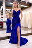 Load image into Gallery viewer, Sparkly Royal Blue Sequins Long Mermaid Prom Dress with Feathers