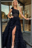 Load image into Gallery viewer, Black One Shoulder Corset Tiered Long Prom Dress with Ruffles