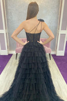 Load image into Gallery viewer, Black One Shoulder Corset Tiered Long Prom Dress with Ruffles