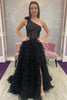 Load image into Gallery viewer, Black One Shoulder Corset Tiered Long Prom Dress with Ruffles