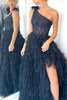 Load image into Gallery viewer, Black One Shoulder Corset Tiered Long Prom Dress with Ruffles