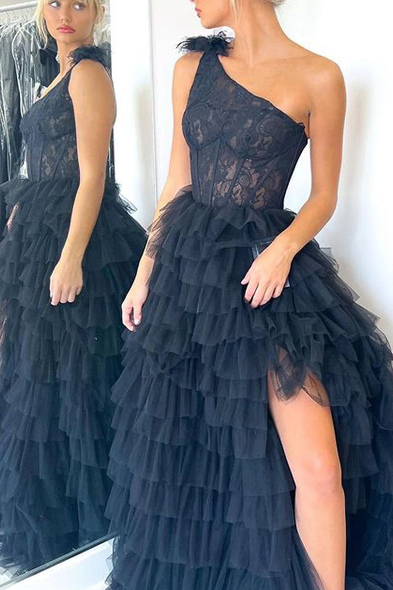 Load image into Gallery viewer, Black One Shoulder Corset Tiered Long Prom Dress with Ruffles
