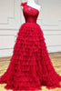 Load image into Gallery viewer, Red One Shoulder Corset Tiered Long Prom Dress with Ruffles