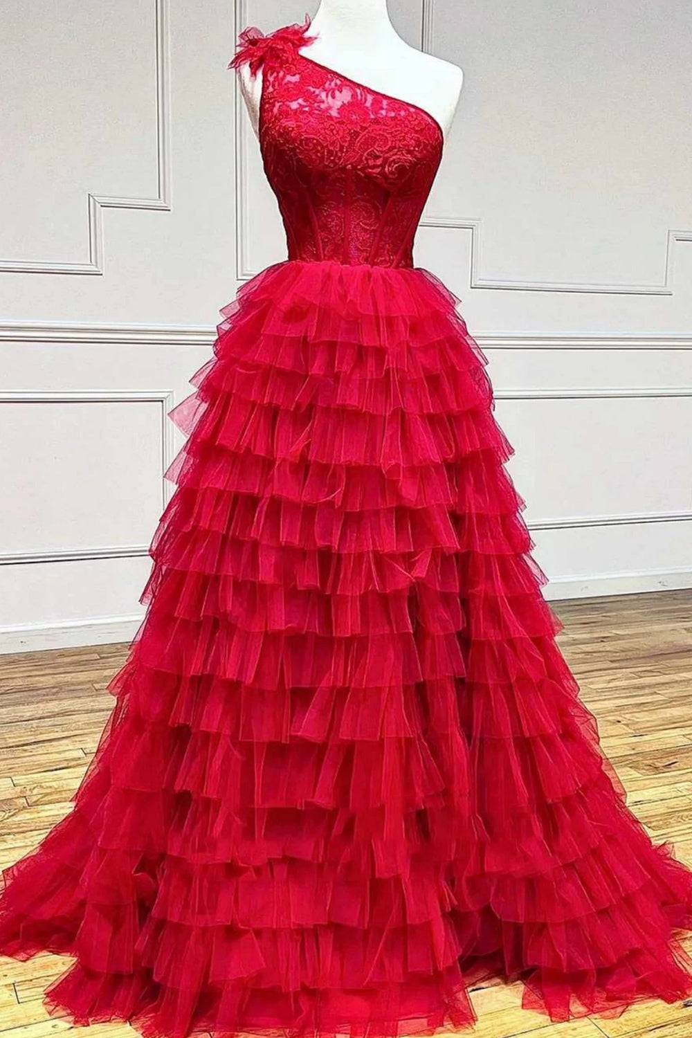 Red One Shoulder Corset Tiered Long Prom Dress with Ruffles