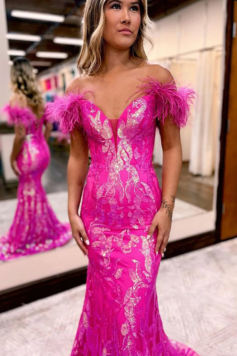 Load image into Gallery viewer, Sparkly Mermaid Orange Long Prom Dress with Feathers
