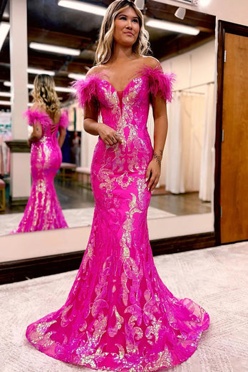Sparkly Mermaid Orange Long Prom Dress with Feathers