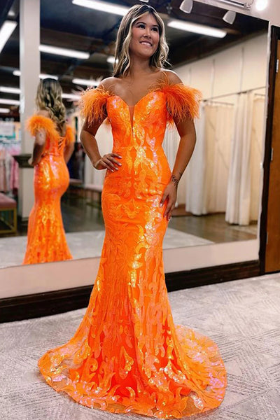 Sparkly Mermaid Orange Long Prom Dress with Feathers
