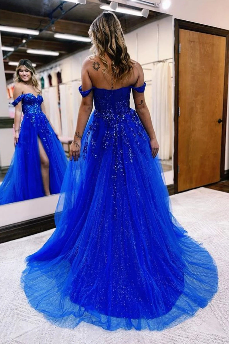 Queendancer Women Sparkly Royal Blue Long Prom Dress Corset Off The  Shoulder Mermaid Party Dress with Slit – queendanceruk