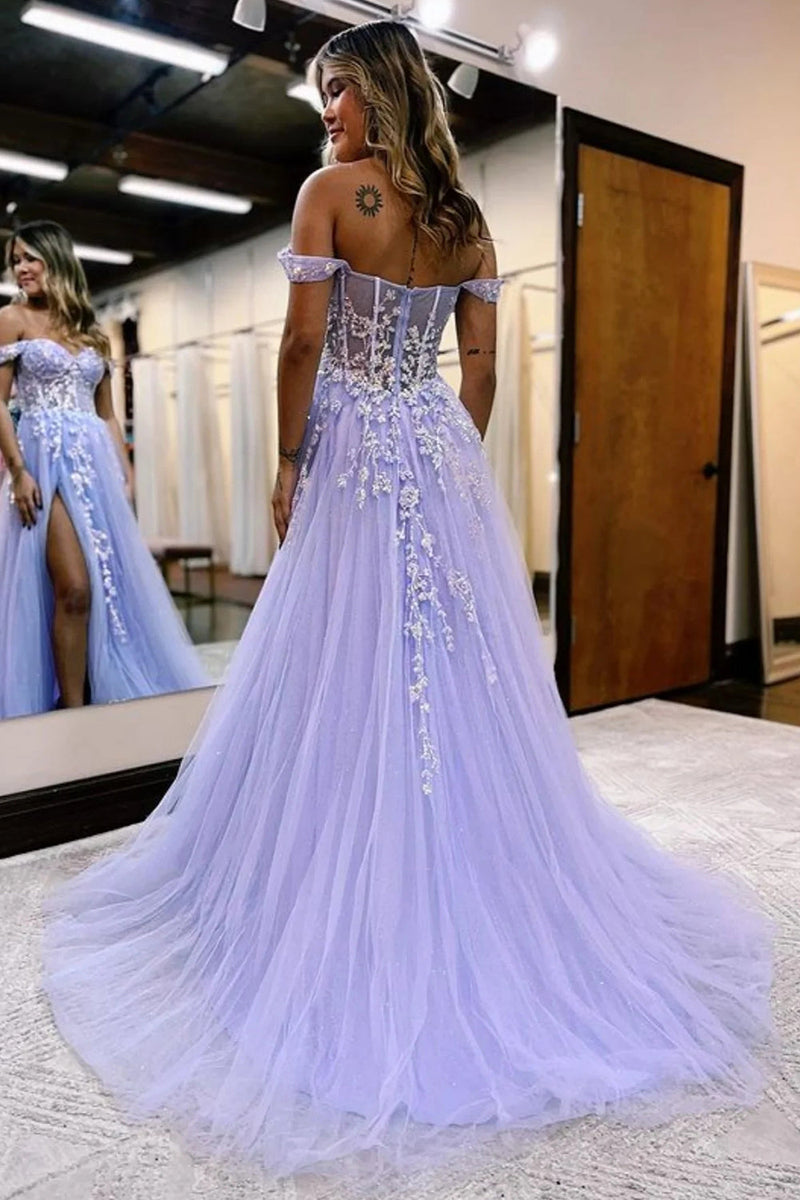 Load image into Gallery viewer, Sparkly Lilac Sequins Corset A-Line Long Prom Dress with Slit