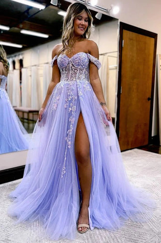 Sparkly Lilac Sequins Corset A-Line Long Prom Dress with Slit