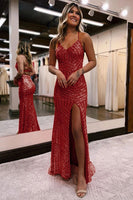 Load image into Gallery viewer, Sparkly Orange Open Back Sequins Long Prom Dress with Slit