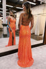 Load image into Gallery viewer, Sparkly Orange Open Back Sequins Long Prom Dress with Slit