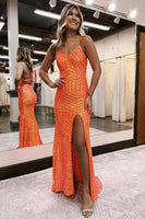 Load image into Gallery viewer, Sparkly Orange Open Back Sequins Long Prom Dress with Slit
