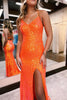 Load image into Gallery viewer, Sparkly Orange Open Back Sequins Long Prom Dress with Slit