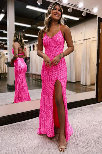 Sparkly Orange Open Back Sequins Long Prom Dress with Slit