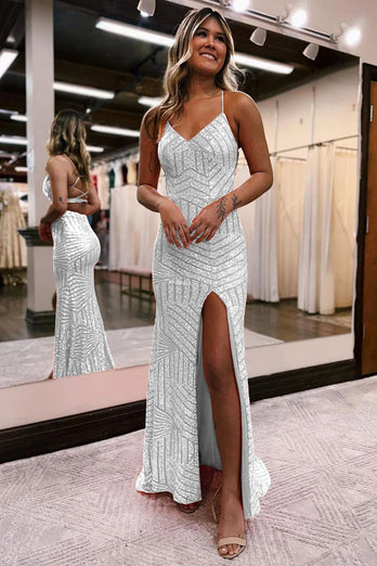 Sparkly Orange Open Back Sequins Long Prom Dress with Slit