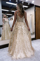 Load image into Gallery viewer, Sparkly Lilac A-Line Spaghetti Straps Long Prom Dress with Appliques